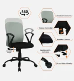 Arata Mid Back Ergonomic Chair with Tilt Lock Mechanism in Black & Grey Colour - Image 3