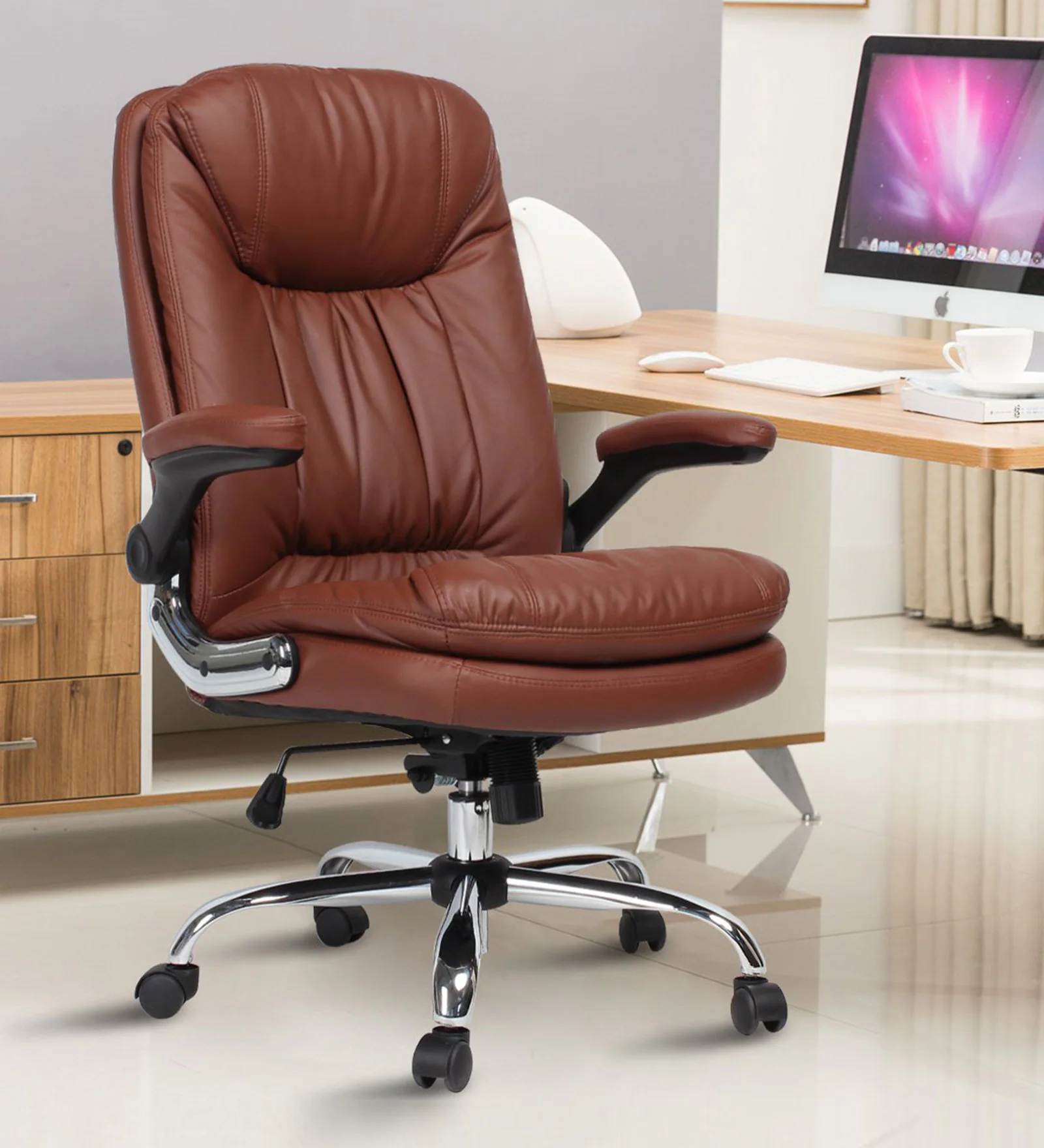 high-back-executive-office-chair-in-brown-colour-by-furniturstation-high-back-executive-office-chair-q8go7l Arcade High Leatherette Executive Chair With Audjustable Armrest in Tan Brown Colour - Image 1