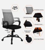 Yukio Breathable Mesh Ergonomic Chair with Rocking-tilt Mechanism in Black & Grey Colour - Image 4