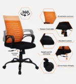 Yukio Breathable Mesh Ergonomic Chair with Rocking-tilt Mechanism in Black & Orange Colour - Image 3